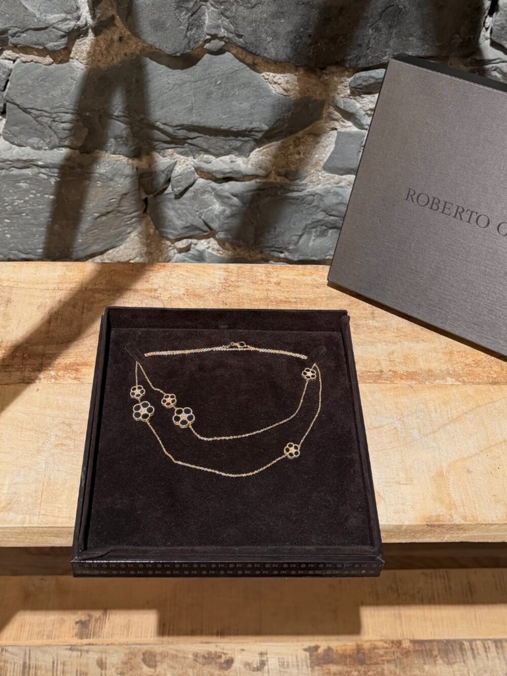 Roberto Coin 18k Yellow Diamond Black Onyx Daisy Station Long Sautoir Necklace